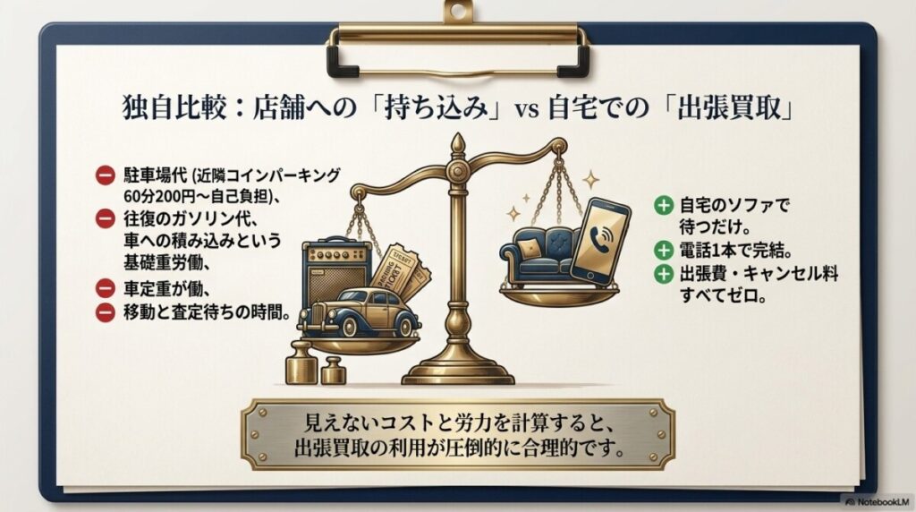 独自比較!周辺店舗へ自分で持ち込む労力 vs 出張買取の手間