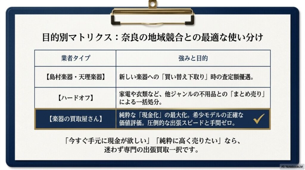 奈良の地域競合(島村楽器・天理楽器等)と専門の出張買取を徹底比較
