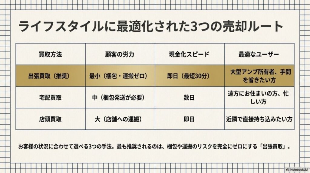 3つの買取方法(出張・宅配・店頭)と横浜店のスピード現金化の流れ