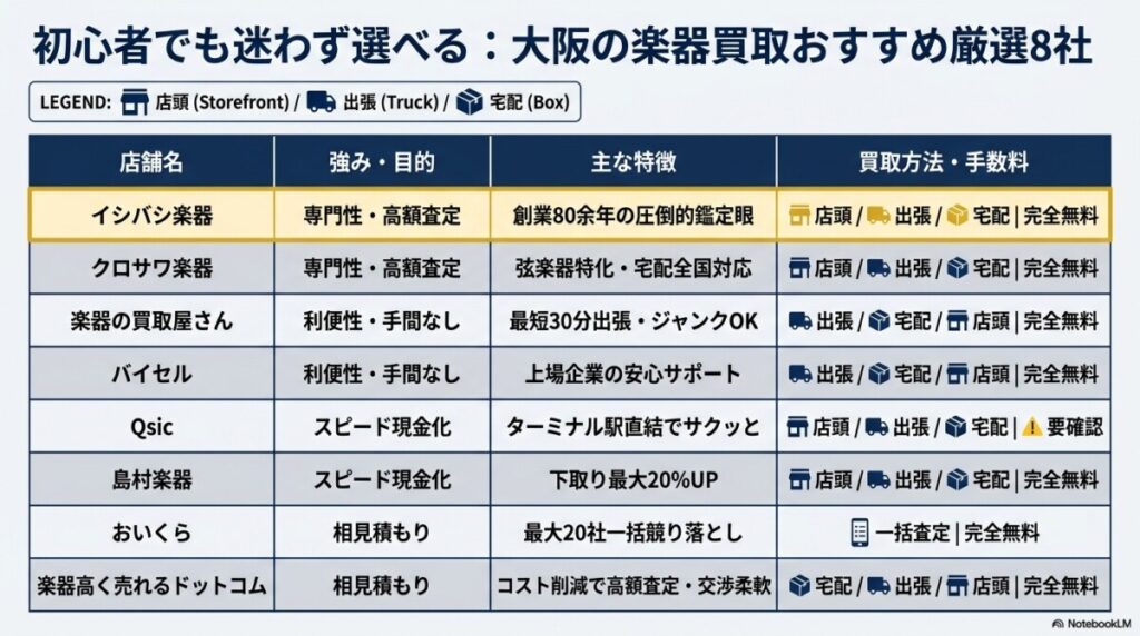 大阪の楽器買取おすすめ厳選8社!全28店舗から初心者でも迷わず選べる