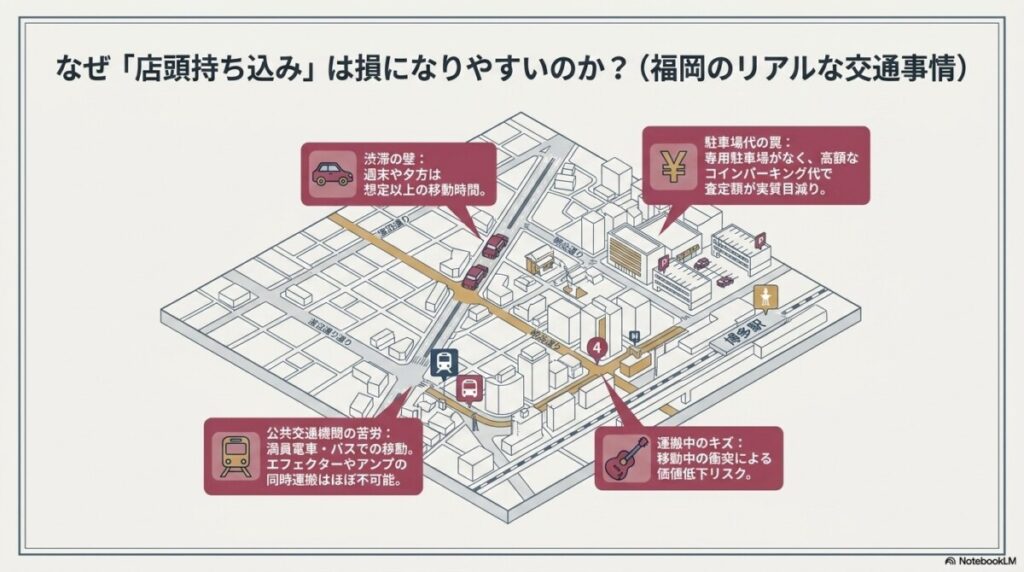 ギターを福岡で売るなら出張買取！店頭持ち込みの大変さと交通事情