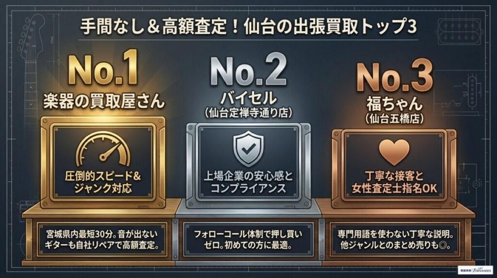 仙台でおすすめのギター出張買取店TOP3の図解。