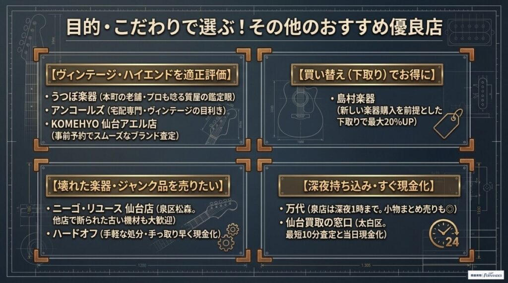 【目的・エリア別】仙台のギター買取・楽器店その他9選を紹介した図解。