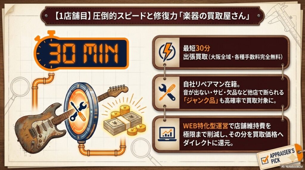 【1店舗目】大阪の出張ギター買取で最短30分の「楽器の買取屋さん」がおすすめな理由とは？