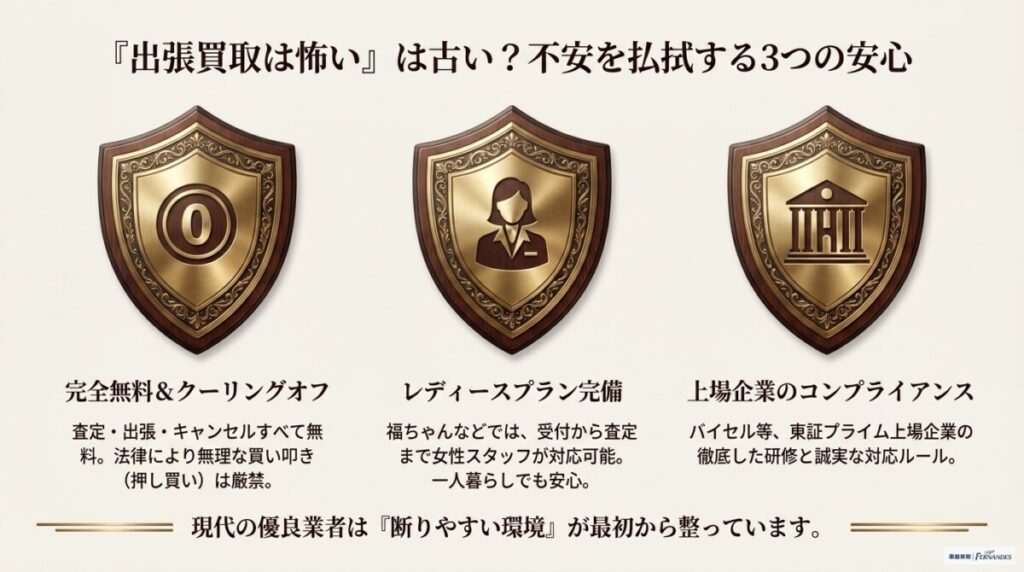 出張買取の不安を払拭するための3つの安心について図解したもの。