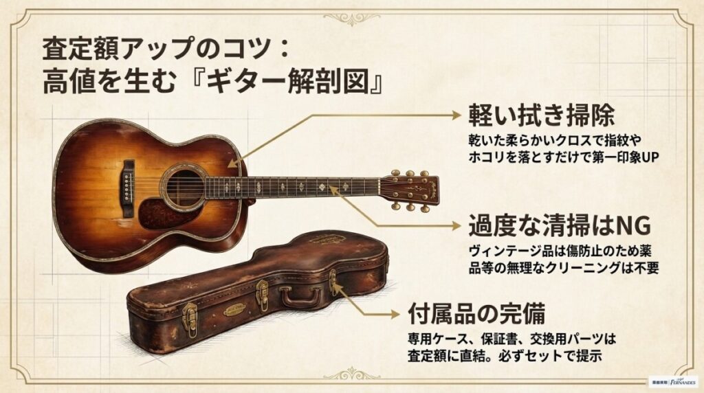 ギター査定額アップのコツについての図解。