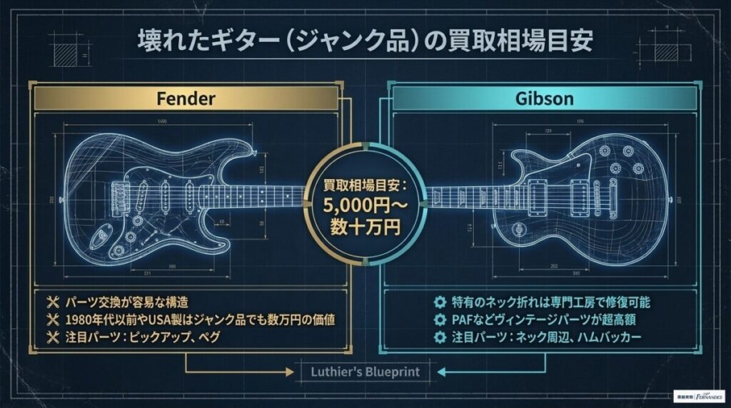 壊れたギター（ジャンク品）の買取相場目安についての図解。
