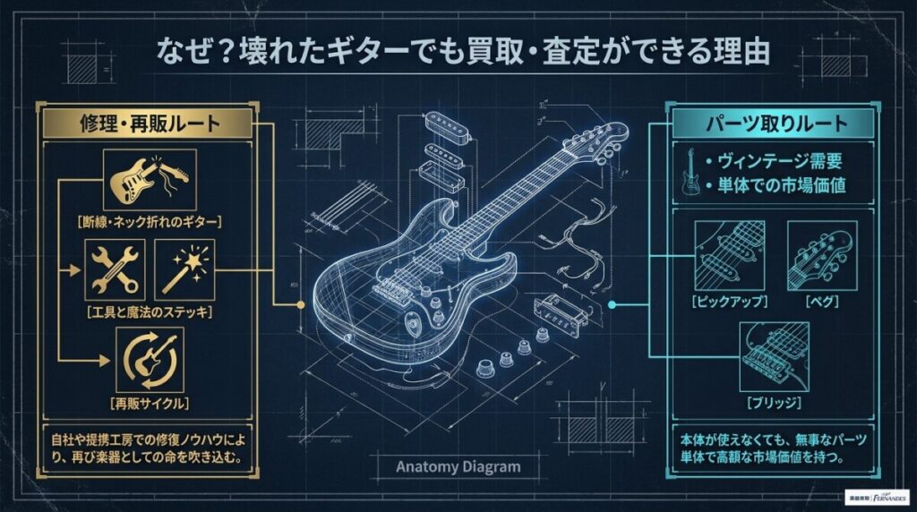 壊れたギターでも買取・査定ができる理由についての図解。