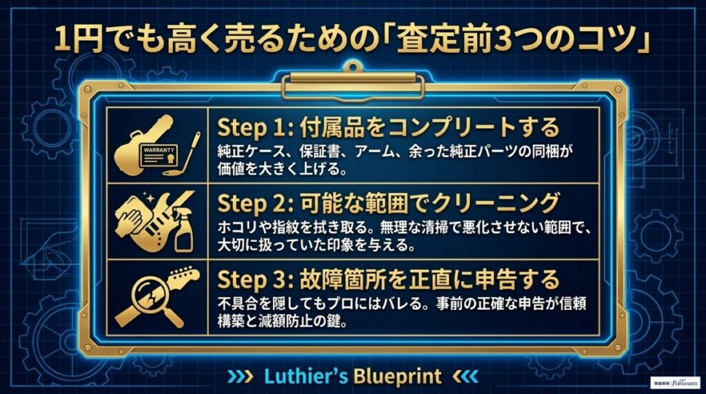 壊れたギターを1円でも高く売るためのコツ・注意点についての図解。